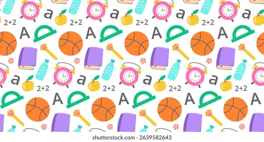 Colorful back to school pattern featuring clocks, apples, rulers, basketballs, erasers, and water bottles, perfect for educational or seasonal designs. Vector illustration