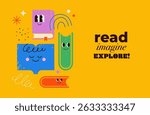 Colorful Back to School poster with funny hand drawn cartoon books characters 