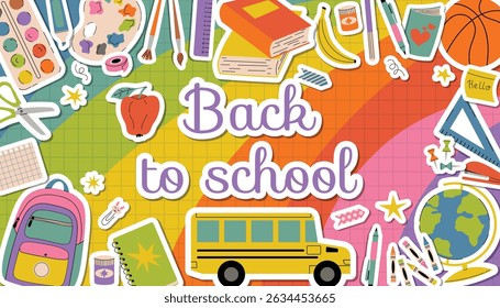 Colorful Back to School poster with rainbow gradient background and colorful supplies like books, paints and markers, backpack, school bus and basketball around the edge. Playful cartoon design.