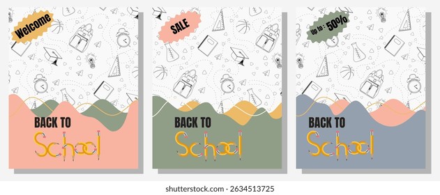Colorful Back to school poster set . with playful school themed doodles. Each design features wavy shapes and text like "Sale", . Ideal for school reopening promotions or events.