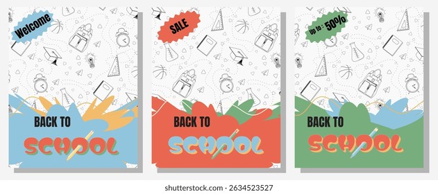Colorful Back to school poster set . with playful school themed doodles. Each design features wavy shapes and text like "Sale", . Ideal for school reopening promotions or events.