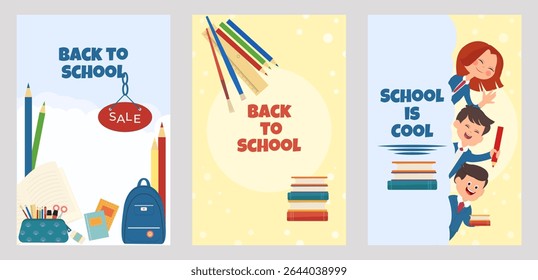Colorful back to school posters with children, pencils, books, autumn leaves and text. Bright cartoon style. Part of an autumn holiday collection