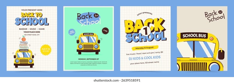 Colorful back to school posters set with school bus, books, apple and other. Template for event flyers, invitations and promotions. Vector illustration