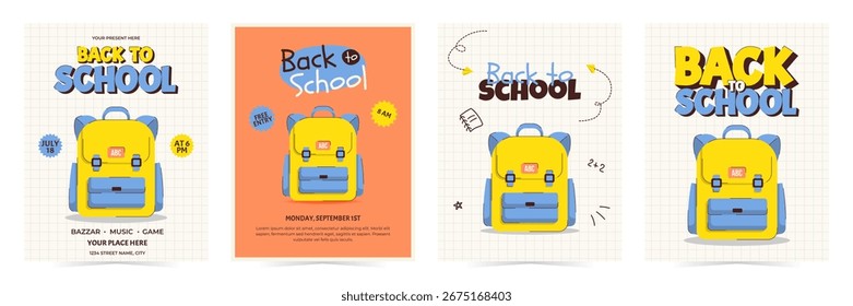 Colorful back to school posters set with school bag, backpack and other. Vertical template for event flyers, invitations and promotions. Vector illustration