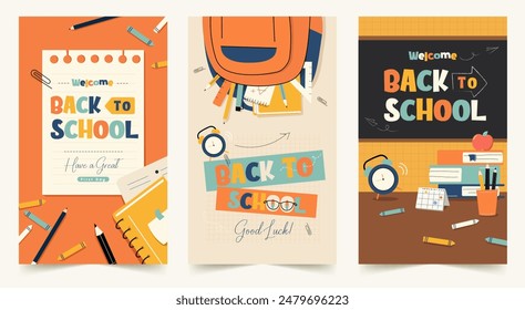 Colorful Back to School Posters with Stationery, Books, and Chalkboard - Perfect for Education and Academic Themes