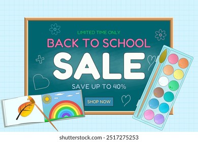 Colorful back to school sale banner featuring school supplies, watercolor paints, and a chalkboard. Ideal for promotions, education, and kids projects.