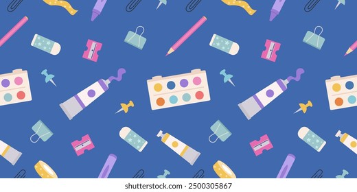 Colorful back to school seamless pattern background with school supplies. Paint, pin, eraser, crayon, sharpener, eraser, watercolor, tape etc. Modern vibrant vector illustration template for banners, 