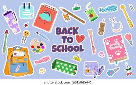 Colorful "Back to School" Set of school supplies and education stickers with cute school supplies, stationery, and playful design elements. Perfect for kids, promotions, and educational campaigns. 