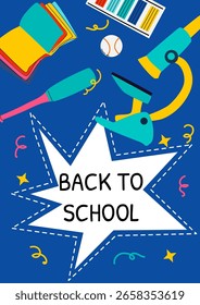 Colorful back to school supplies with microscope and sports equipment illustration. Contemporary minimal back-to-school poster with pastel colors and sleek typography. Suitable for academic events, sc
