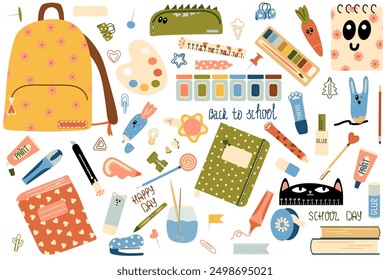 Colorful Back to School Supplies and Stationery Vector Illustration