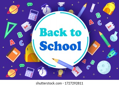 Coloridas plantillas escolares para invitación, afiche, pancarta, promoción, venta, etc. Ilustración de dibujos animados de útiles escolares. Vector de vuelta a las plantillas de diseño de la escuela.