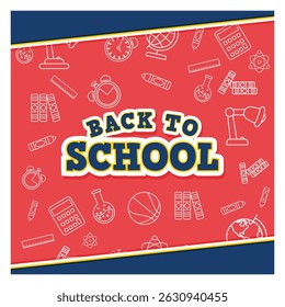 A colorful back to school themed design. Featuring educational tools, supplies, and text artwork on a bright background. Flat vector illustration 
