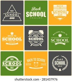Colorful Back To School Typography Design Collection. A set of nine vintage style Back to School Designs on colored backgrounds