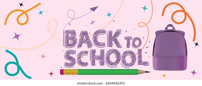 Colorful Back to School Vector with Backpack, Pencil, and Text Elements