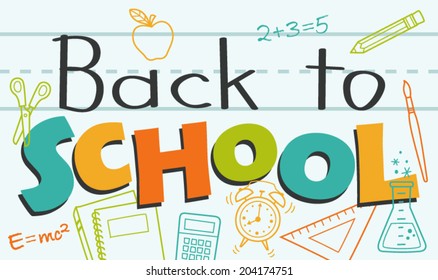 Colorful Back to School Vector Illustration with Blue Background