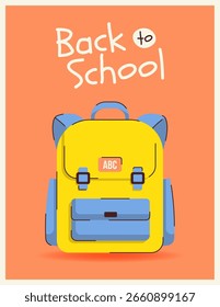 Colorful back to school vertical banner with school bag, backpack and text. Vertical template for education designs. Flat vector illustration