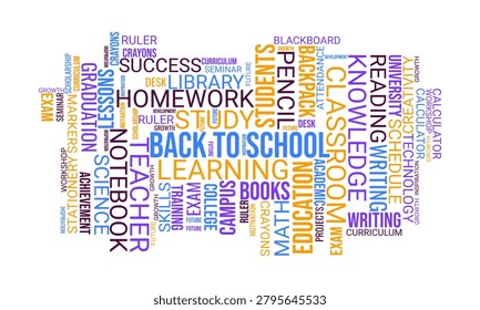 Colorful back to school word cloud typography design with education, learning and academic success concepts.