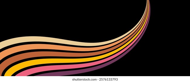 Colorful background of 70's style curvy lines. Retro panel with rainbow parallel stripes. Template for posters, banners, decorative elements and wall art. Design and creativity idea