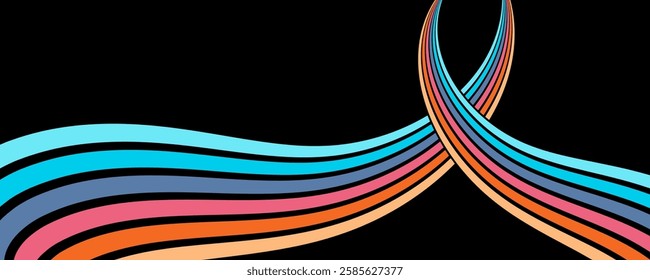 Colorful background of 70's style curvy lines. Retro panel with rainbow parallel stripes. Template for posters, banners, decorative elements and wall art. Design and creativity idea