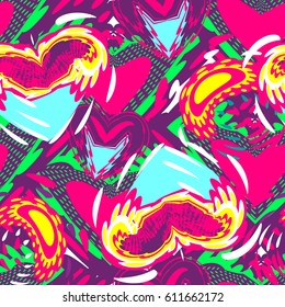 Colorful background with abstract hearts, drip elements, dots. Funny Girlish repeated  backdrop. Valentines day motives for wrapping paper, textile. seamless love pattern 