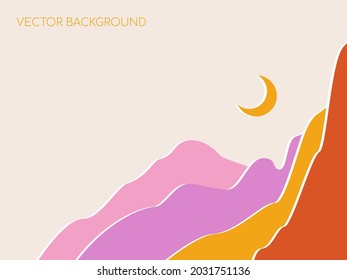Colorful background with abstract landscape. Hills and moon. Vector background with copy space for text.  Layout for social networks, banners, posters. Design of wall art, covers