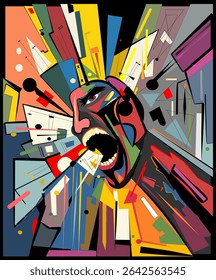 fundo colorido, formas abstratas representam um homem muito zangado gritando
