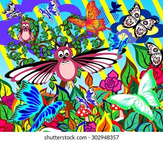 Colorful background abstraction with roses, autumn leaves, mushrooms, owls, butterflies and tree