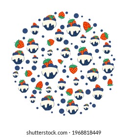 Colorful background for advertisements, birthday invitations, bakeries. Cakes and pastries with strawberries and blueberries. Place for your text. Vector illustration