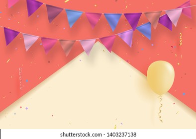 Colorful background with air balloon, flags, confetti and copy space for your text - vector illustration