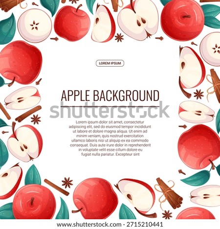 Colorful background with apples. Whole apple, half apple, sliced apple, cinnamon. Vector illustration for the design of posters, flyers, postcards and invitations