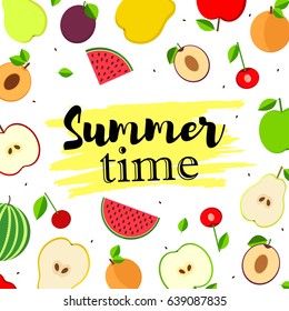 Colorful background with apricot, plum, cherry, watermelon, pear and apple. Summer time text on the yellow spot. Vector illustration