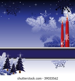 Colorful background with banner, fir branches, small decorated fir trees, snowflakes and red candles. Greeting for winter holidays