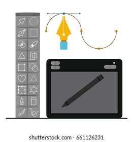 colorful background with basic tool box for designer graphic and designers graphic table with digital pen vector illustration