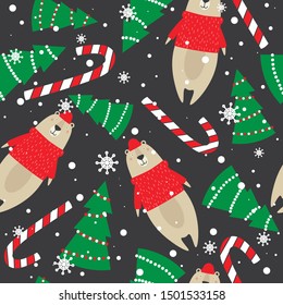 Colorful background with bears, candy canes, fir trees, snow. Decorative cute backdrop vector. Happy New Year, seamless pattern with animals. Winter time