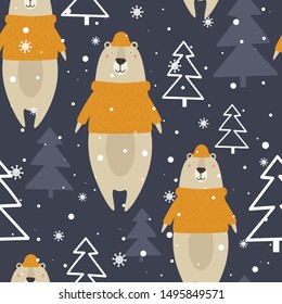Colorful background with bears, fir trees, snow. Decorative cute backdrop vector. Happy New Year, seamless pattern with animals. Winter time