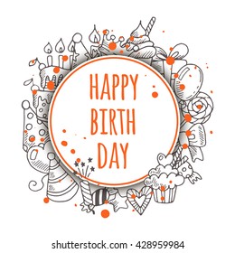 Colorful background with birthday elements. Round circle composition. Hand drawn vector illustration. Birthday cake, balloon, candy, candle, confetti, gift, lollipop, muffin, crown, firework and other