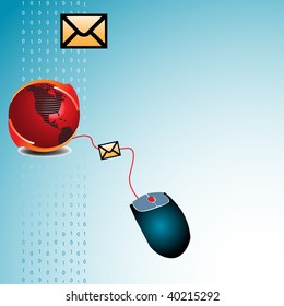 Colorful background with blue mouse, red globe surrounded by two arrows, and yellow envelope shape. Email theme