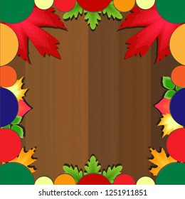 Colorful background. Bright colors in semicircles and leaves, the background in the form of wooden boards.