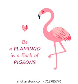 Colorful background with bright flamingo bird and positive inscription Be a Flamingo in a flock of pigeons in Vector on white isolated background. Funky bird style