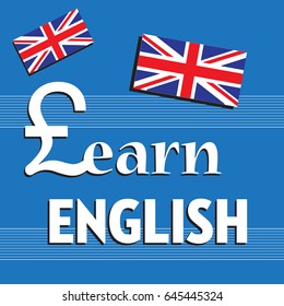 Colorful background with British flag and the text learn English written bellow with white letters