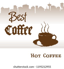 Colorful background with brown coffee cup and the text best coffee written with brown letters