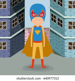 colorful background buildings brick facade with superhero man with costumes and complete mask vector illustration