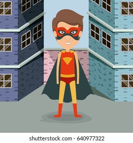 colorful background buildings brick facade with superhero man with costumes and hairstyle vector illustration