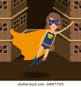 colorful background buildings brick facade with superheroin woman in outfit flying vector illustration