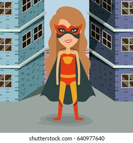 colorful background buildings brick facade with superheroin woman in outfit with wavy long hair vector illustration
