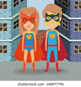 colorful background buildings brick facade with superhero couple with costumes vector illustration