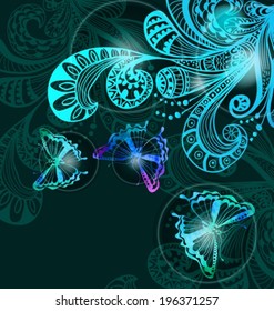 Colorful background with butterfly and floral ornament over dark background, VECTOR