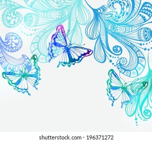 Colorful background with butterfly and floral ornament over white background, VECTOR