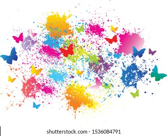 Colorful background. Butterfly, paint, drops, ink splashes. Vector illustration.