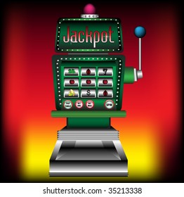 Colorful background with casino slot machine with colorful buttons and the word jackpot written on the upper side of the machine